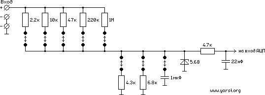 Схема перестраиваемого делителя напряжения на входных каналах USB-самописца